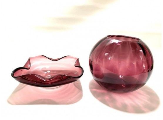 Vintage Hand Blown Ribbed Amethyst Candle Holder And Small Looped Bowl