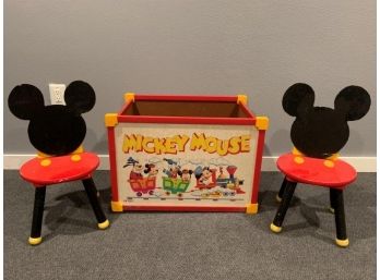 Vintage Wood Mickey Mouse Toy Box And 2 Chairs