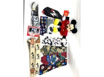 Assortment Of Mickey Mouse Ties, Suspenders, Travel Pouch And Scarf