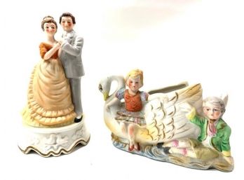Lefton Man And Woman Porcelain  Music Box And Wales Swan Holder