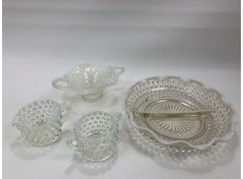 Hobnail Opalescent Relish, Candy Dish And Creamer And Sugar