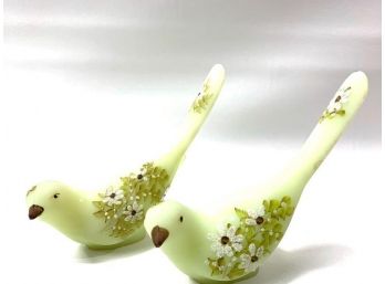 2 - Fenton Happiness Birds, Daisies On Custard - Hand Painted