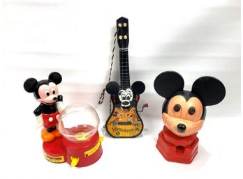2 - Plastic Mickey Mouse Gumball Machines And Wind Up Toy Violin