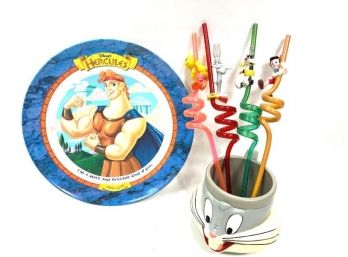 Assortment Of Disney Straws, Plastic Cup And Tin Plate
