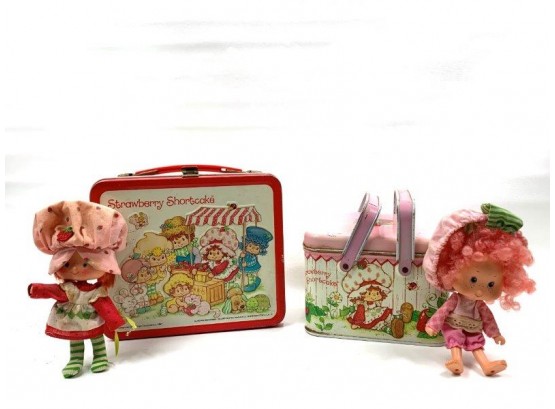 Vintage Strawberry Shortcake Metal Lunch Pail 2 Dolls And 1 Small Tin Container