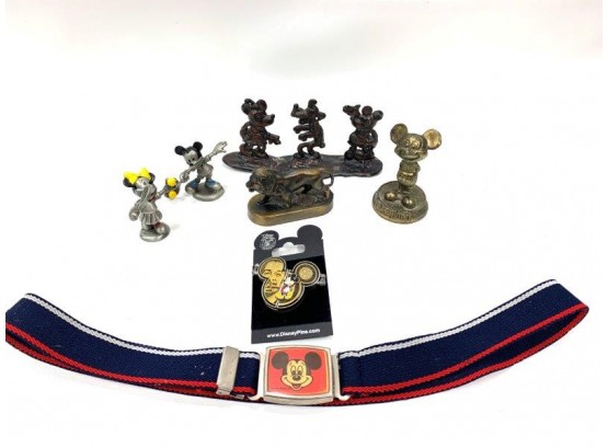 Lot Of  6 Small Metal Figurines, Vintage Mickey Mouse Belt And Mickey Mouse Pin