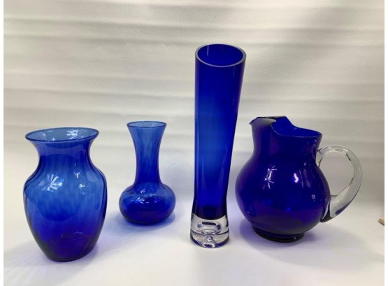 3 Cobalt Blue Vases And 1 Pitcher