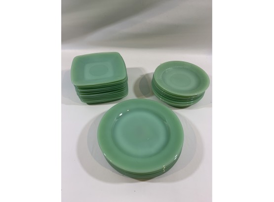 Lot Of Jadeite - 12  Square Saucers, 7 Round Saucers And 5 Small Plates