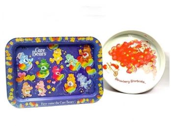 Vintage Care Bear Metal Tv Tray And Strawberry Shortcake Metal Round Tray
