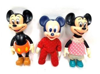 3 Vintage Plastic Minnie And Mickey Mouse Dolls