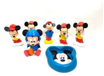Lot Of 6 Vintage Plastic Squeaky Mickey Mouse Toys And A Plastic Bowl