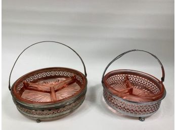 2 Pink Depression Glass Relish Trays