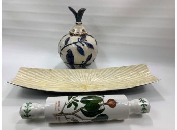 Mixed Lot - Mother Of Pearl Plastic Tray, Ceramic Rolling Pin And Tall Ceramic Vase With Lid