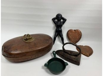 Mixed Lot 2 Small Copper Tins, Antique Copper Bed Warmer, Cast Iron Mini Pot, Mini Iron And Woman
