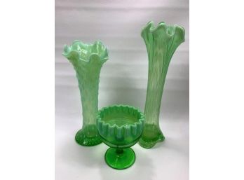 2 Glass Fenton Vases And Bowl
