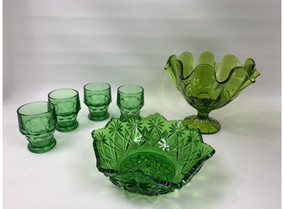 Vintage Green Glass Bowls And Glasses