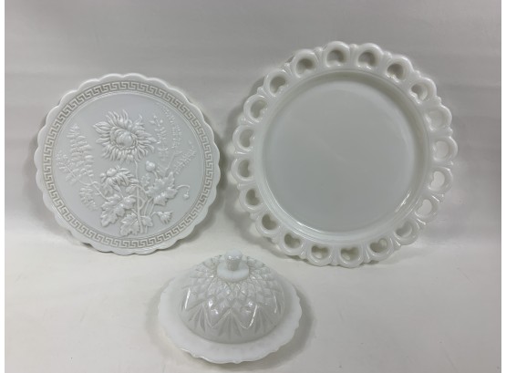 Lot Of Milk Glass Plates And Butter Tray