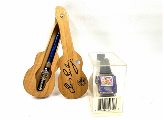 Elvis Presley Koral Mens Watch, Pen In Wood Guitar Case