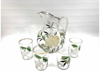 Vintage Glass Pitcher With 4 Glasses