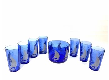 Cobalt Blue Hazel Atlas Ice Bucket And 7 Glasses