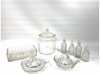 Lot Of Glass 4 Perfume Bottles, Jar With Lid, 2 Juicers 1 Small Bowl