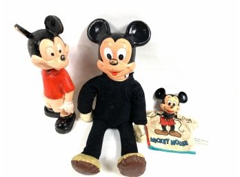 Vintage Plastic Mickey Mouse Bank, Doll And Hand Puppet
