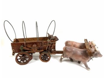 Ceramic Ox Drawn Covered Wood Wagon