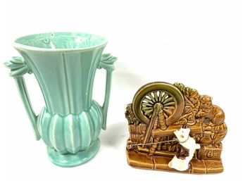 Vintage McCoy Pottery Vase And Spinning Wheel Planter