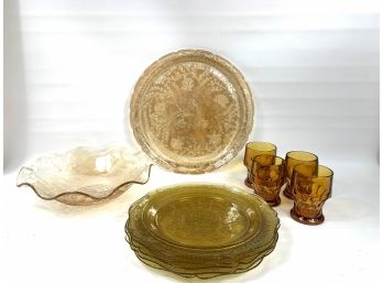 Lot Of  4 Georgian Glasses, Large Gold Platter, Carnival Glass Bowl And 5 Federal Patrician Dinner Plates