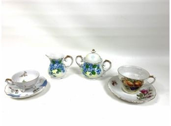Lefton Creamer And Sugar Bowl And 2 Coffee/Tea Cups And Saucers