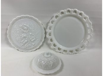 Lot Of Milk Glass Plates And Butter Tray