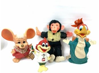 Lot Of- Vintage Toy Plastic Banks, Woody Wood Pecker Hand Puppet And Stuffed Monkey With Rubber Face