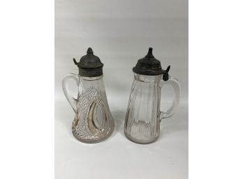 2 - Antique Glass Syrup Pitchers(cut Glass And Pressed Glass)