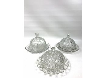 Lot Of 3 Vintage Glass Butter Trays With Lids