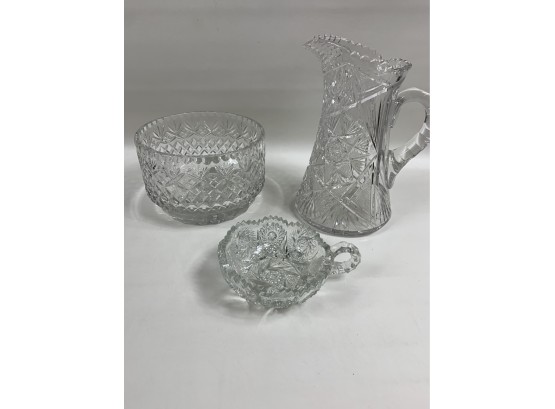 Lot Of Crystal - Pitcher, Candy Bowl And Large Bowl