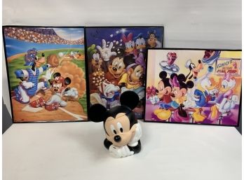 Lot Of 3 Mickey Mouse Pictures And Plastic/rubber Cookie Jar