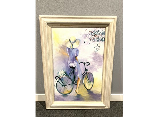 Beautiful Large Oil Painting - Woman On Bicycle - Unknown Artsit