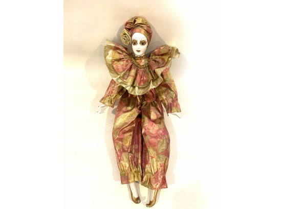Vintage Harlequin Poseable Porcelain Doll With Gold Trim