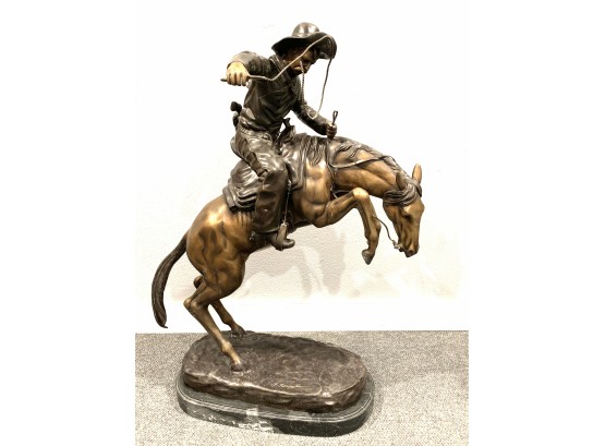 Large Signed F. Remington Bronze Horse And Cowboy Statue