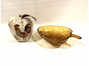 Ceramic Glazed Rooster On Apple And Amber Glass Fruit Bowl