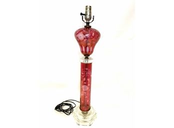 Beautiful Antique Cranberry Etched Tall Glass Lamp