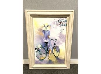 Beautiful Large Oil Painting - Woman On Bicycle - Unknown Artsit