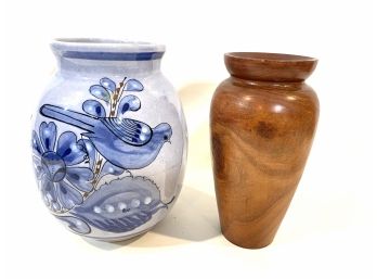 Lot Of 2 Vases - Ceramic And Wood