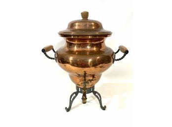 Antique Swiss Made Copper Wrought Iron Stand Coffee Urn