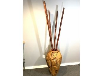 Very Large And Tall Hand Carved Wood Vase With Bamboo