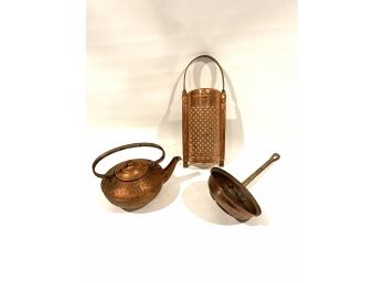 Lot Of Copper Cheese Grater, Small Teapot And Long Handled Pot