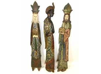 Lot Of 3 Tall Wood Carved Paintings On Flat Wood