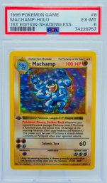 PSA 6 EX-MT MACHAMP 1ST ED Shadowless Base Set Graded Holographic Pokemon Card (UNDERGRADED??)