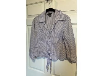 Classy Blue And White Stripped Women's Dress Shirt With Front Ties By Per Se (size 6)