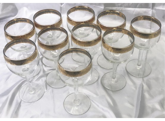 LOT OF 10 VINTAGE GOLD RIMMED WHITE WINE GLASSES-B13